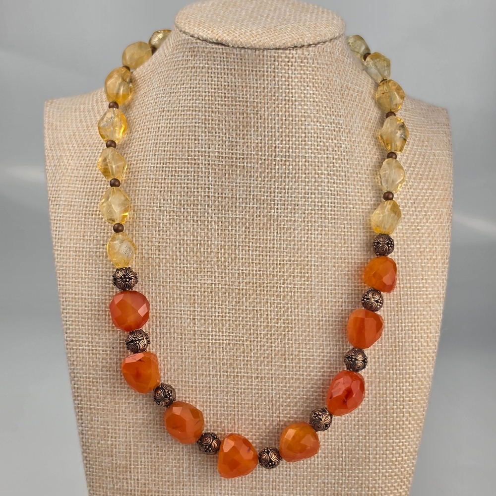 Artisan Faceted Carnelian Citrine Nugget Necklace Bali Style Copper Tone Toggle